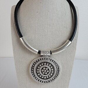 Silver Tone Medallion Pendant Tube Leather Cord Necklace 20" Turkish Ethnic Boho